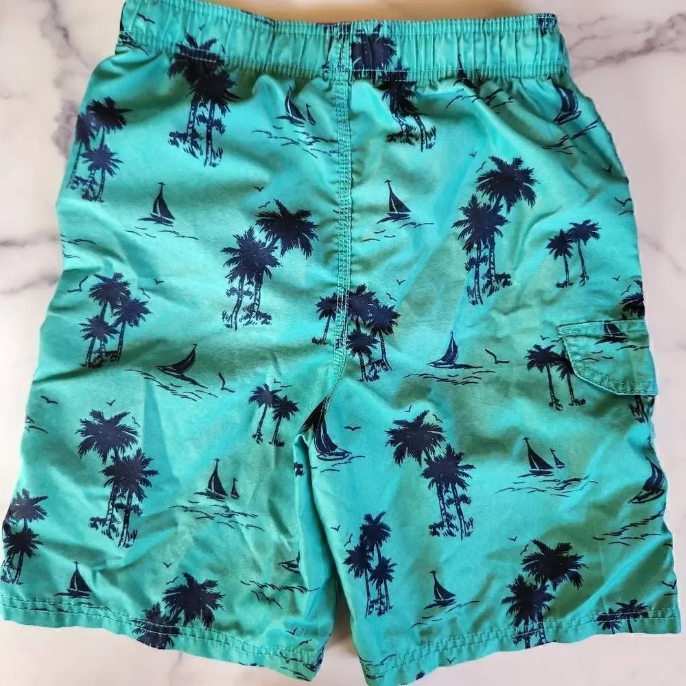 Okanu surf large 14/16 swim trunks teal palm tree board swimming shorts